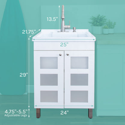 Tehila White Vanity Cabinet and White Utility Sink with Stainless Steel Finish Low-Profile Pull-Down Faucet